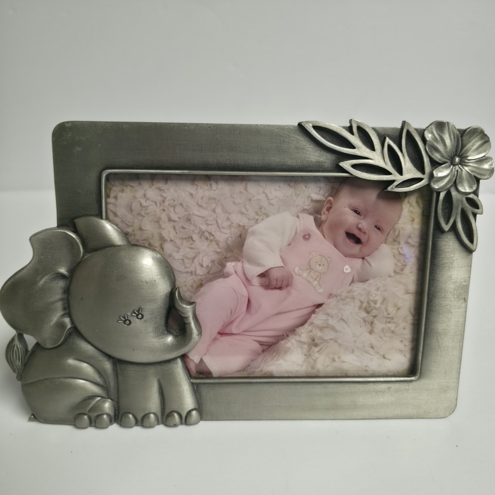 Vintage Fetco Metal Baby Picture Frame 4x6 Elephant Flower Silver Pewter Finish
